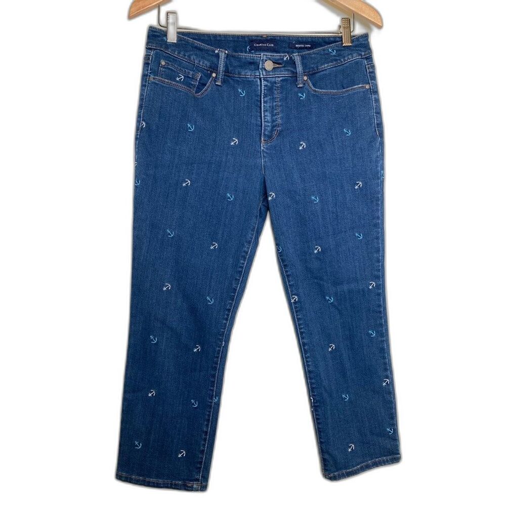 Charter Club Womens Bristol Capri Jeans Blue Anchors Stretch Pockets Denim 8